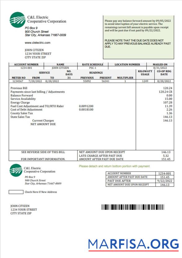 Downloadable USA Arkansas C & L Electric Cooperative Corporation utility bill template in Word and PDF format